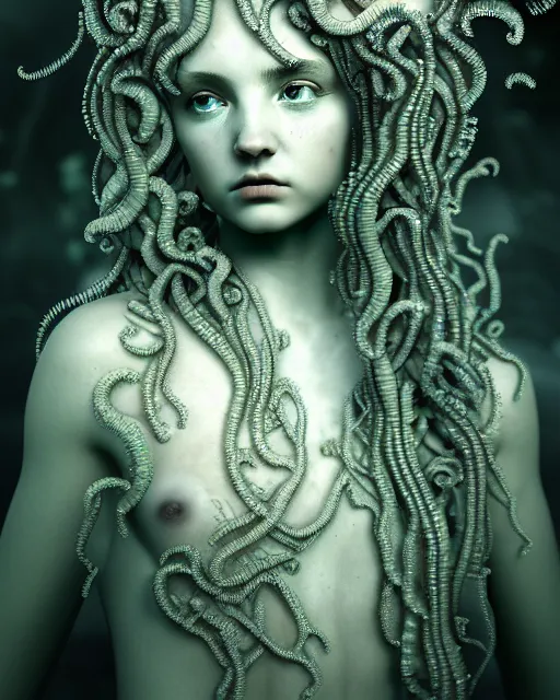 Image similar to surreal mythical dreamy underwater artistic bw photo of a beautiful young female angelic - medusa - cyborg covered with fish scales and algae, highly detailed, intricate crystal ivy jelly fish scales ornate, poetic, octane render, 8 k, photo - realistic, in the style of gustave dore and preraphaelites