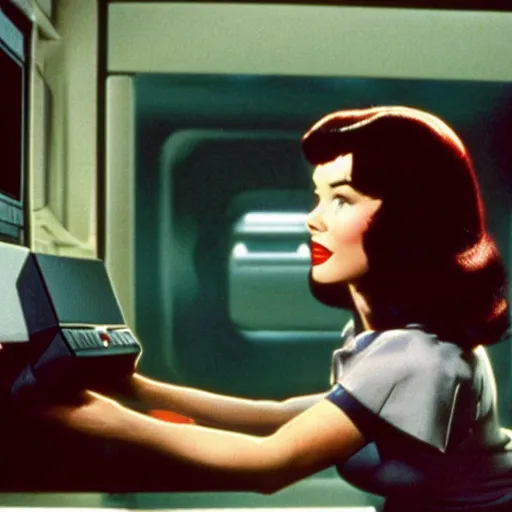 Image similar to a still of Bettie Page playing with a NES controller, in the movie 2001 A Space Odyssey, highly detailed and intricate, cinematic lighting, 4k HDR