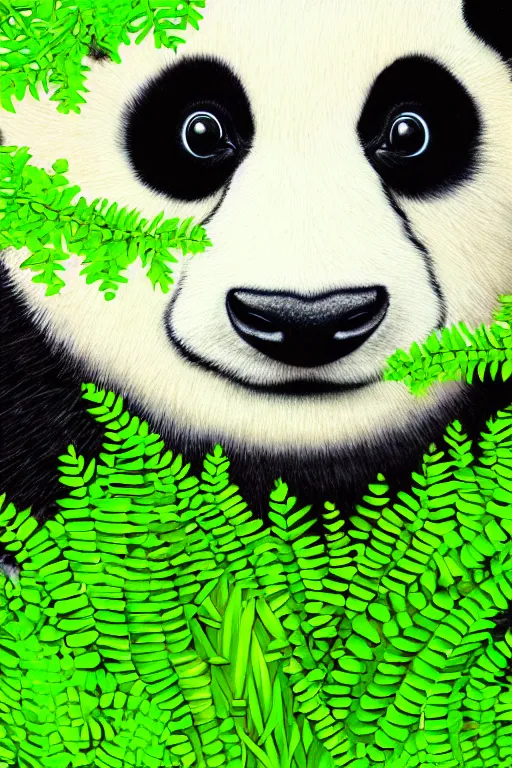 Prompt: a green moss panda, symmetrical, highly detailed, digital art, sharp focus, amber eyes, ferns, trending on art station