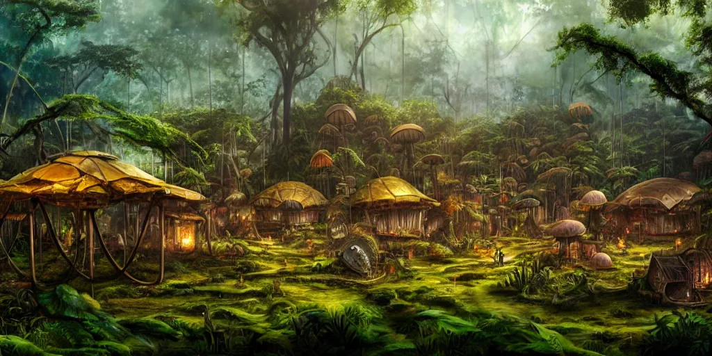 Image similar to a clearing in the jungle reveals a chrome village full of merchant tents and mushroom huts, matte oil painting, science fantasy, retrofuturistic, biblical, rpg, queer, pride, epic, extremely detailed, sharp focus, 4 k