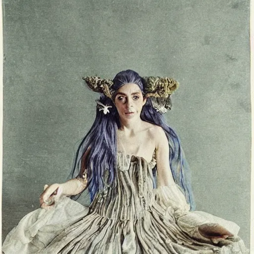 Image similar to A 18th century, messy, silver haired, (((mad))) elf princess (Mr. Bean), dressed in a ((ragged)), wedding dress, is ((drinking a cup of tea)). Everything is underwater and floating. Greenish blue tones, theatrical, (((underwater lights))), high contrasts, fantasyconcept art, inspired by John Everett Millais's Ophelia