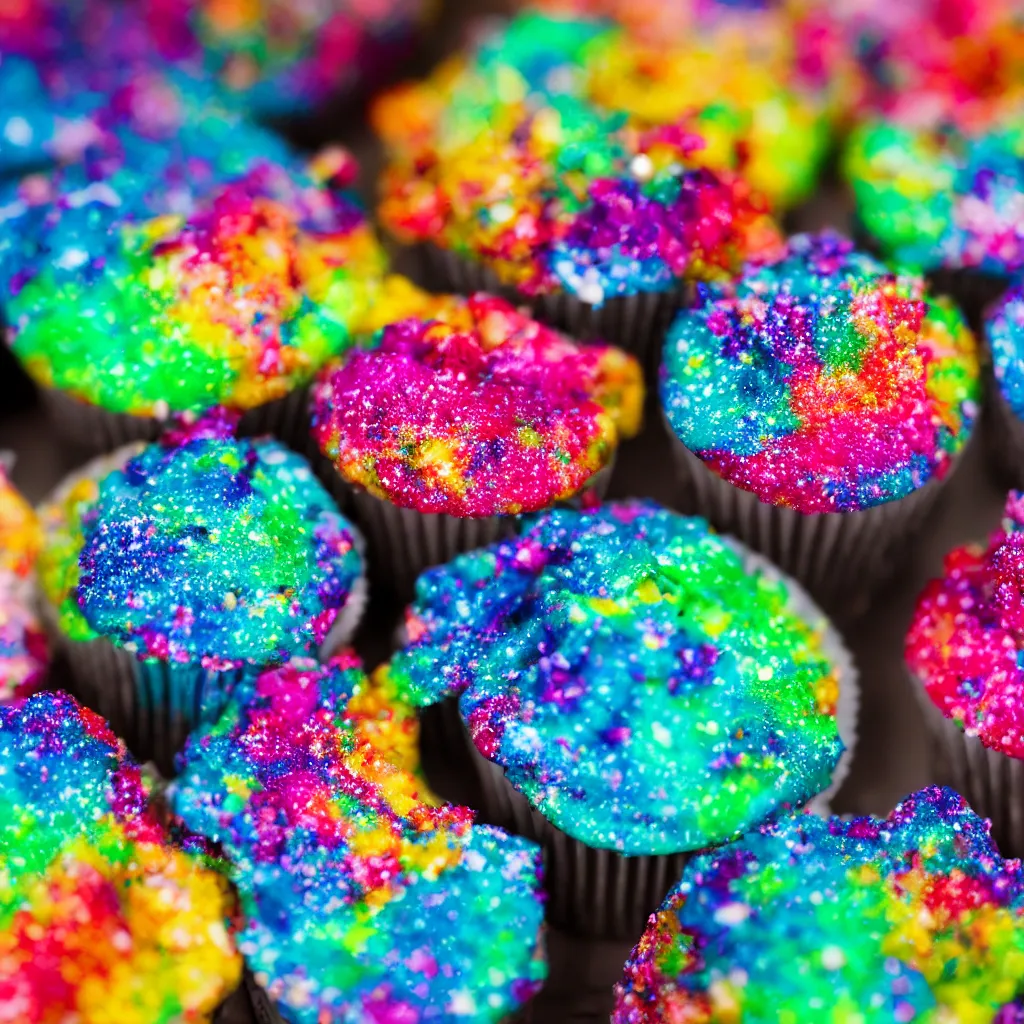 Image similar to colourful macro photo of galaxy cupcakes, photorealistic, dynamic lighting, bokeh, Zeiss 100mm lens