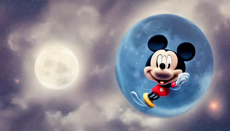 Prompt: moon with mickey mouse face in the sky, hyperdetailed, artstation, cgsociety, 8 k