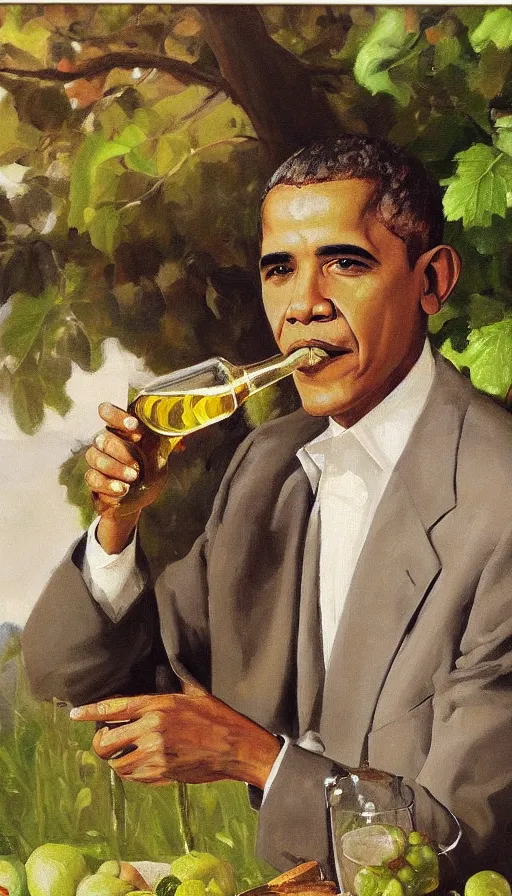 Prompt: still life painting of Obama drinking wine in a garden by Peder Krøyer, golden hour, dramatic lighting, intricate detail, canvas print