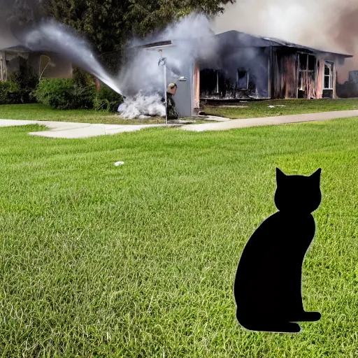 Prompt: an adorable ominous cat sitting in the yard of a two story home that is blazing on fire in the background behind the cat, real photo, evening