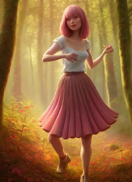 Image similar to young woman walking in short pink skirt : : magic forest mushrooms nature : : weta disney pixar movie still photo : : decadent highly - detailed digital painting, full length shot, golden ratio, octane render, artstation, smooth, sharp focus, artgerm, mucha, loish, wlop, gogo