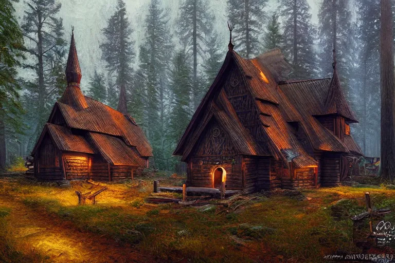 Image similar to small black wooden stave church in pine forest, very detailed, focused, oil painting, colorful, cinematic lighting, canvas, artstation, Vsevolod Ivanov, Albert Bierstadt