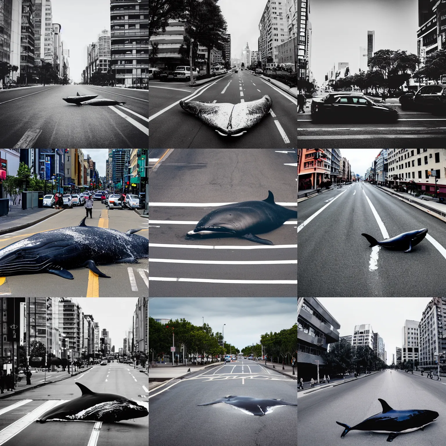 Prompt: A photo of whale in the middle of the street, wide-angle,