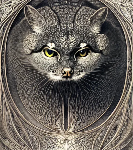 Image similar to detailed realistic beautiful manul portrait by jean delville, gustave dore, iris van herpen and marco mazzoni, art forms of nature by ernst haeckel, art nouveau, symbolist, visionary, gothic, neo - gothic, pre - raphaelite, fractal lace, intricate alien botanicals, ai biodiversity, surreality, hyperdetailed ultrasharp octane render