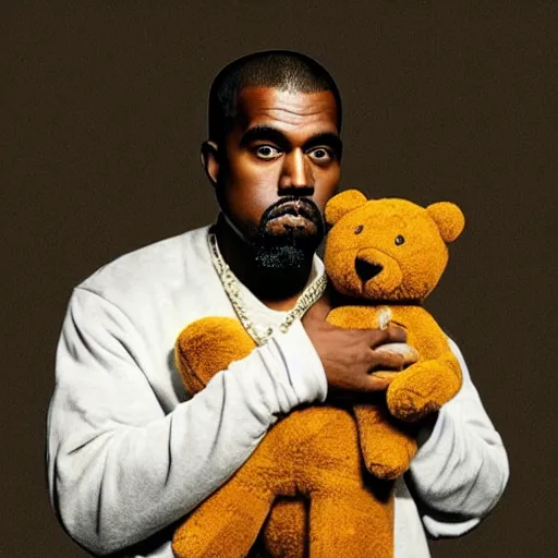 Prompt: A renaissance painting of Kanye West with a anthropomorphic Teddy Bear mascot, portrait, album cover,