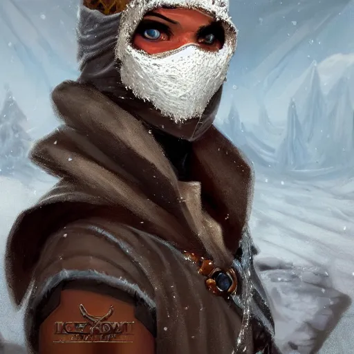 Image similar to a fantasy snow bandit from ‘ icewind dale ’ with mask, frost gem, ‘ icewind dale 2 ’ profile portrait by ‘ justin sweet ’, falling snow, soft focus, illustration, oil paint, artstation