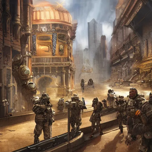 Image similar to soldiers exploring a city in the year 2 7 1 7, 1 9 2 0's sci - fi, deep aesthetic colors, 8 k, highly ornate intricate details, extreme detail,