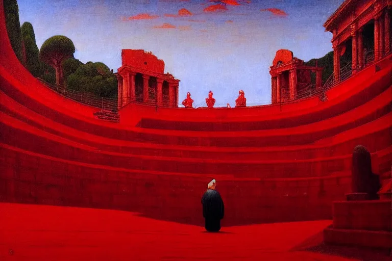 Image similar to only with red, a red melted emperor, taormina amphitheatre, crowd hails him, in the style of beksinski, parts by edward hopper, parts by rodcenko, parts by yue minjun, intricate and epic composition, red by caravaggio, insanely quality, highly detailed, masterpiece, red light, artstation, 4 k