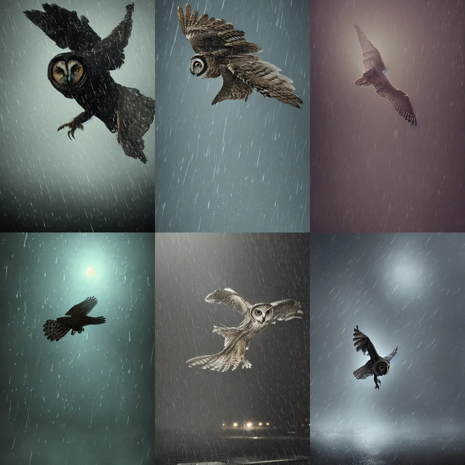 Prompt: an owl flying through the rain, night, dramatic lighting, trending on artstation