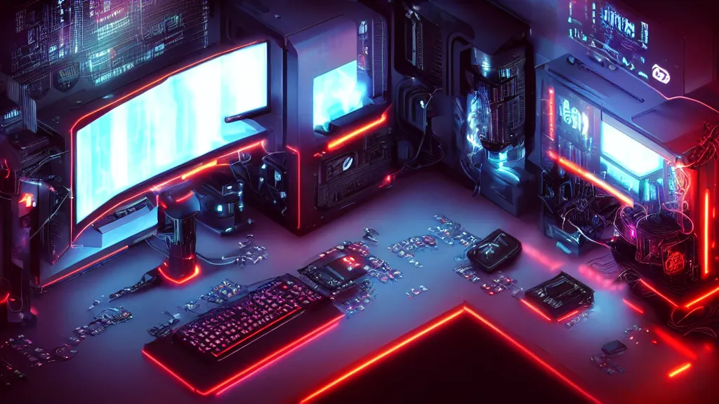 Image similar to a cyberpunk overpowered computer. Overclocking, watercooling, custom computer, cyber, mat black metal, alienware, Cyborg R.A.T 7, futuristic design, desktop computer, desk, home office, whole room, minimalist, Beautiful dramatic dark moody tones and lighting, orange neon, Ultra realistic details, cinematic atmosphere, studio lighting, shadows, dark background, dimmed lights, industrial architecture, Octane render, realistic 3D, photorealistic rendering, 8K, 4K, computer setup, highly detailed