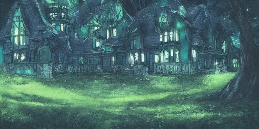 Prompt: manor in the middle of the forest, at night, green, dark blue!!!!, bright, artstation, detailled, manga!!!, fantasy!!!!!!