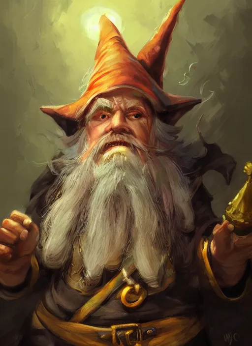 Prompt: a wondrous gnome wizard painted by raymond swanland