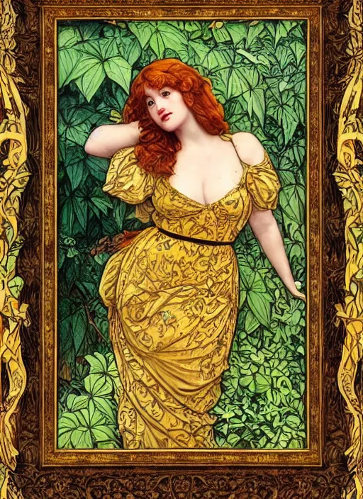 Image similar to masterpiece beautiful flowing curves pin up pose preraphaelite portrait photography, extreme closeup shot, straight bangs, thick set features, yellow ochre ornate medieval dress, amongst foliage mushroom forest arch, circle, william morris and kilian eng and mucha, framed, 4 k