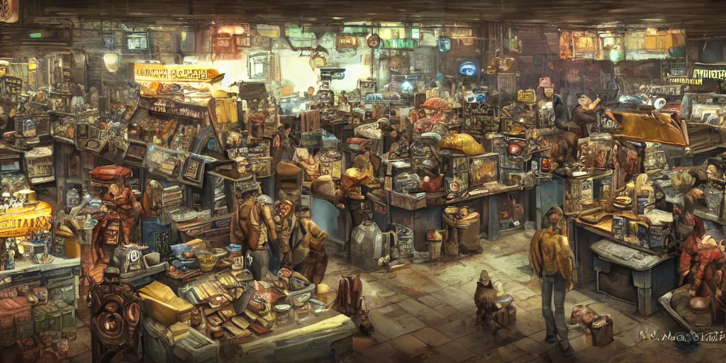 Image similar to a busy marketplace full of merchants, fallout style,, digital art, 4 k,