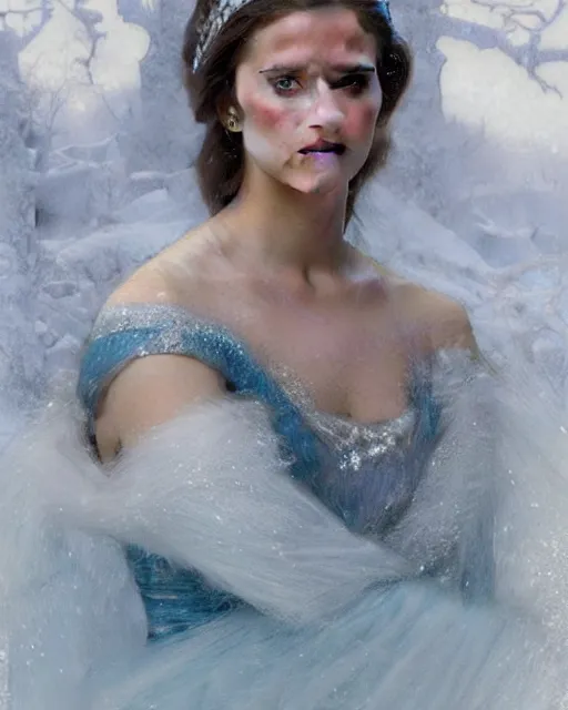 Image similar to a portrait painting of a shy, blushing 1 6 - year old alicia vikander or millie bobby brown as elsa, a princess of the ice and snow, in a snowy setting at night, intricate, elegant, highly detailed, artstation, concept art, by krenz cushart and donato giancola and william adolph bouguereau and alphonse mucha