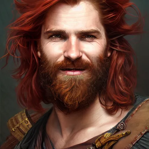 Prompt: portrait of a young ruggedly handsome but joyful pirate, male, masculine, upper body, red hair, long hair, d & d, fantasy, roguish smirk, intricate, elegant, highly detailed, digital painting, artstation, concept art, matte, sharp focus, illustration, art by artgerm and greg rutkowski and alphonse mucha