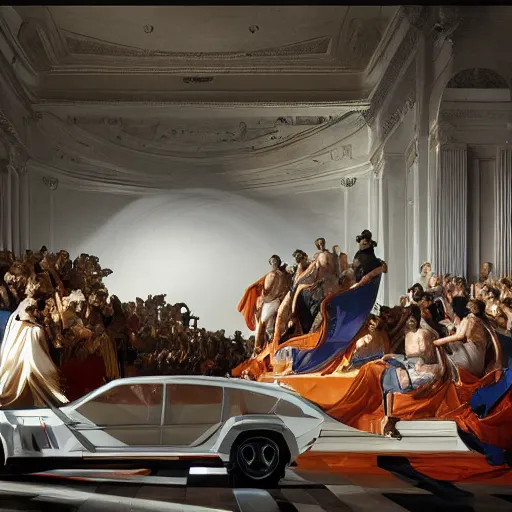 Image similar to full lenght sci-fi cars in the coronation of napoleon painting by Jacques-Louis David and point cloud in the middle and everything in form of zaha hadid architects artwork by caravaggio unreal engine 5 keyshot octane lighting ultra high detail ultra hyper realism 8k 16k in plastic dark tilt shift full-length view