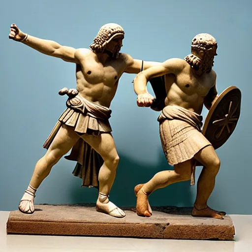 Image similar to greek warriors fighting, against ducks!!!, ancient greek statue, epic, detailled