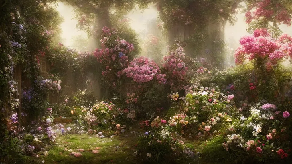 Image similar to a secret garden with many flowers. andreas achenbach, artgerm, mikko lagerstedt, zack snyder, tokujin yoshioka