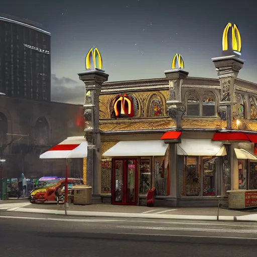 Image similar to mcdonalds, digital art, cosmic, 3 d high definition, trending on art station, photorealistic, high resolution, 8 k, octane, hyper detailed, insane details, intricate, elite, ornate, elegant trend, highly detailed and intricate, sharp focus, photography, unreal engine