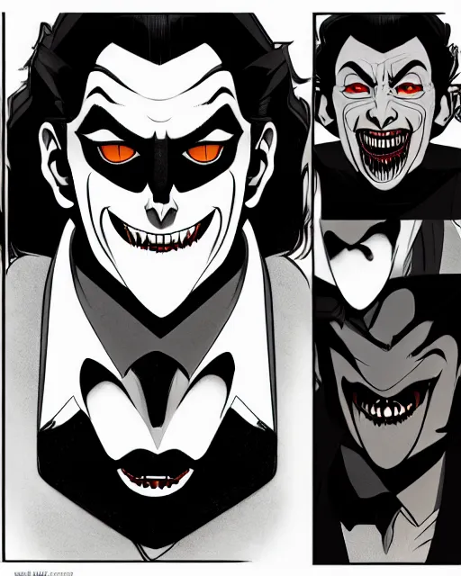 Image similar to handsome male vampire, symmetrical face, evil grin, cinematic, dramatic, super detailed and intricate, 4 k render, by koson ohara, by darwyn cooke, by satoshi kon