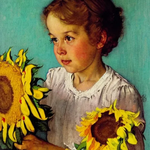 Prompt: norman rockwell portrait of a child holding sunflowers