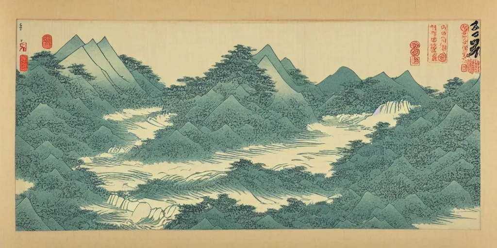 Image similar to A Korean woodblock print of mountains, two waterfalls and a roaring river