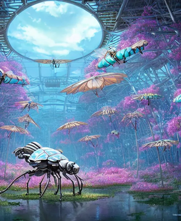 Image similar to an amusement park made out of seamless alien isopod dragonflies, in the style of an aerodynamic robot, overgrown with puffy orchids, partly cloudy, somber, dramatic lighting, by dan mumford, yusuke murata, makoto shinkai, ross tran, cinematic, unreal engine, cel shaded, featured on artstation, pixiv