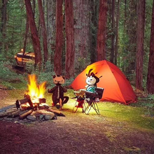 Image similar to Calvin and Hobbes camping in the forest