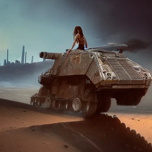 Prompt: a girl next to an armored vehicle in the desert by Paul Chadeisson , atmospheric, concept art, high detail, cinematic, Sci-fi, blue lights, Artstation trending, octane render, planet landscape