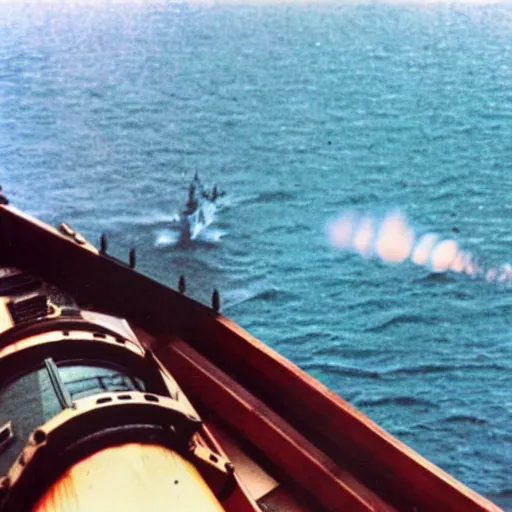 Image similar to first person view from the deck of a batteship firing a broadside, kamikaze planes diving, world war ii, high resolution colour photo