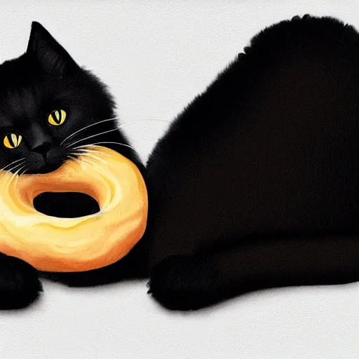 Image similar to a black fluffy cat holding a bagel, digital art