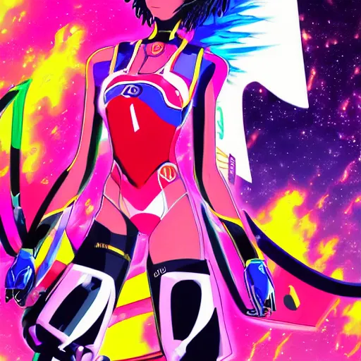 Prompt: : extremely beautiful photo of a black spandex anime girl with colorful skateboard logos all over helmet with closed visor, colorful hyperbolic background, fine art, sailor moon, neon genesis evangelion, virgil abloh, offwhite, denoise, highly detailed, 8 k, hyperreal