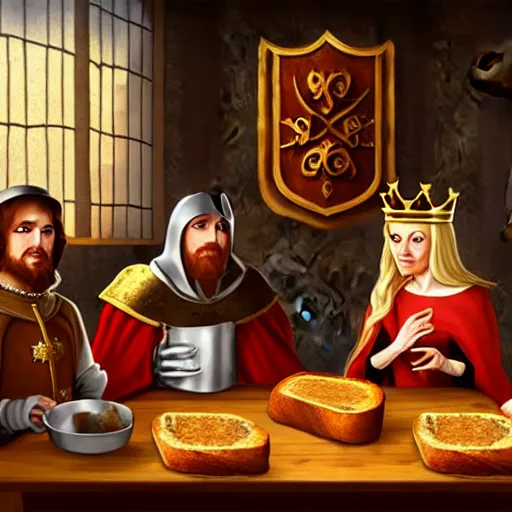 Image similar to medieval toast with king, queen and guests, artstation, fantasy