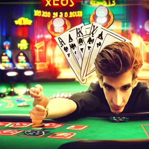 Image similar to film still of xqc gambling in Vegas, 4k, photorealism, artstation style