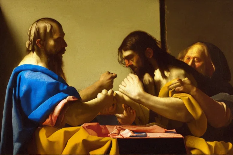 Image similar to an epic oil painting of God arm wrestling against Jesus Christ, painted by Johannes Vermeer