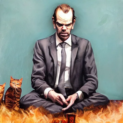 Image similar to Young Hugo Weaving wearing a suit, sitting in a chair, smoking a cigar, with a pile of sugar in his hand and a group of cats sitting in front of him. Realistic Painting, artstation, concept art, 4K