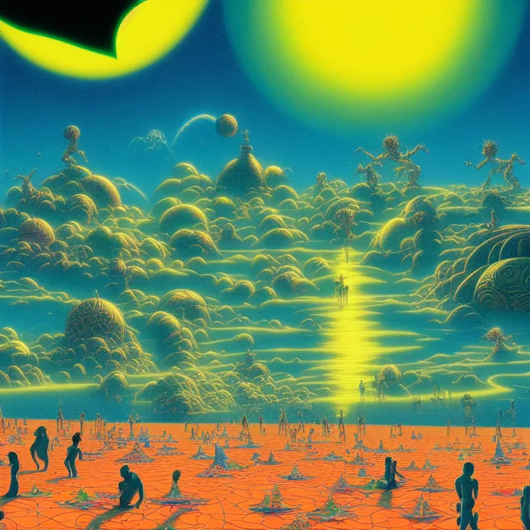 Image similar to many tiny people on the cosmic beach, infinite radiating waves, synthwave, bright neon colors, highly detailed, cinematic, tim white, michael whelan, vladimir kush, jim burns, bob eggleton, philippe druillet, kubrick, aubrey beardsley, roger dean, alfred kelsner, boris vallejo