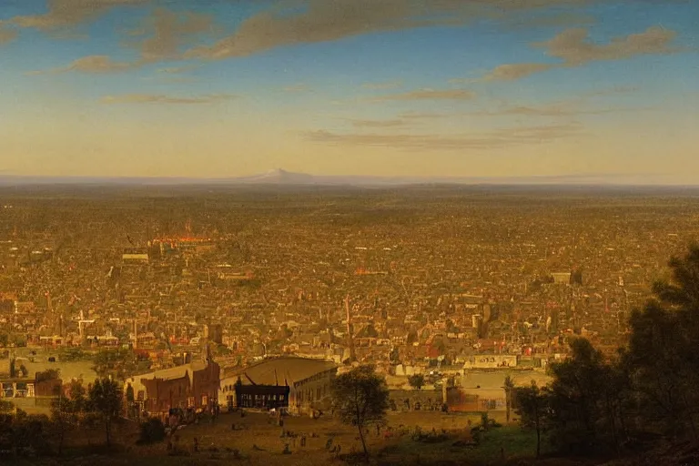 Image similar to birds eye view of a small but busy downtown midwestern town, 1 8 0 0 s, rule of thirds, matte painting, highly detailed, cinematic lighting, by albert bierstadt, frederic edwin church