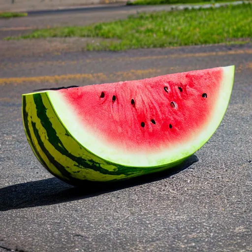 Image similar to watermelon with large eyes and legs walking across the street, front view, dslr photo 70mm