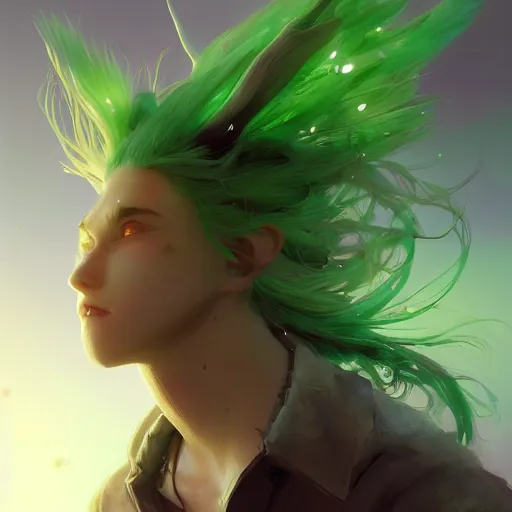 Image similar to a beautiful fullbody portrait of an anime boy with long straight green hair in a western fantasy bard style. character design by cory loftis, fenghua zhong, ryohei hase, ismail inceoglu and ruan jia. artstation, volumetric light, detailed, photorealistic, fantasy, rendered in octane