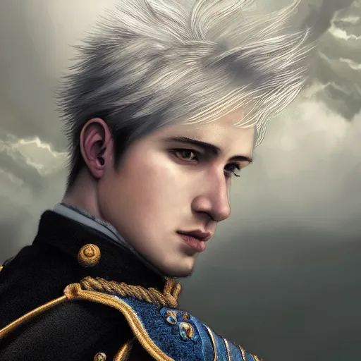 Prompt: a portrait of a young handsome prince with white fringy hair, epic clouds, beautiful landscape, backlit, incredible lighting, strong rim light, highly detailed, digital painting, HDRI, by Heise Jinyao, Heise-Lian Yan Fang, Feimo, Richard Taddei, vivid colors, high contrast, 8k resolution, intricate, realistic anime, trending on artstation