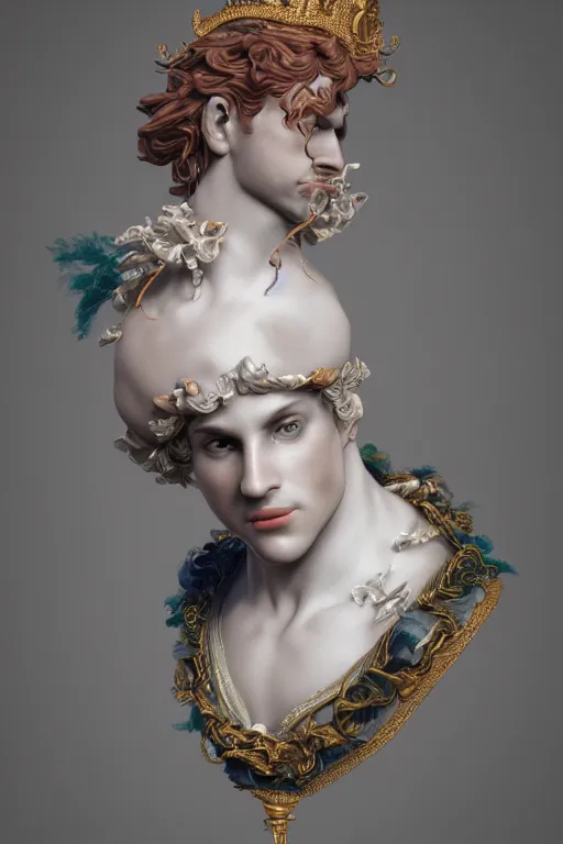 Image similar to a realistic porcelain full-head rococo style bust of handsome young Spanish prince with colored pipecleaners for a crown and suspended in outer space, photorealism, octane render, depth of field, 8k, 35mm, artgem, Trending on artstation