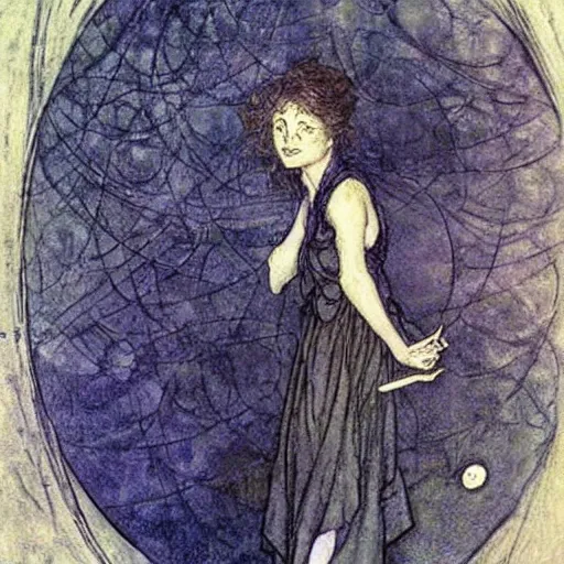 Image similar to A art installation. A rip in spacetime. Did this device in her hand open a portal to another dimension or reality?! blue-violet by Arthur Rackham mournful, spirited