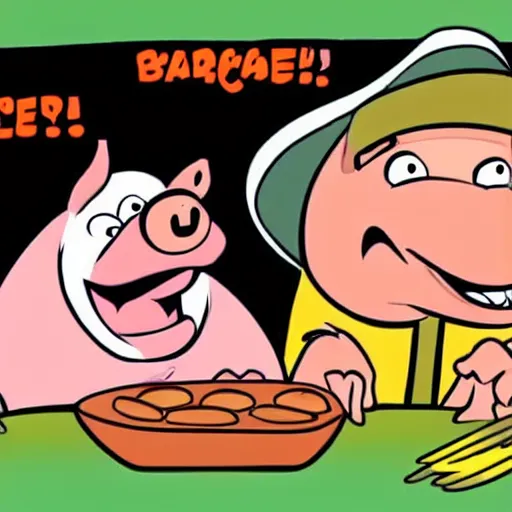 Image similar to a comic of a pig screaming in horror as another pig gets barbequed, funny, by Disney